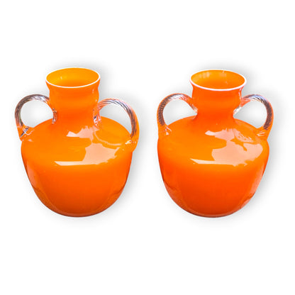 Empoli Vintage Pair Of Orange Glass Jugs - Orange