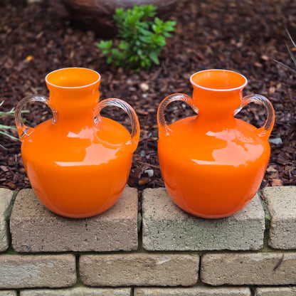 Empoli Vintage Pair Of Orange Glass Jugs - Orange