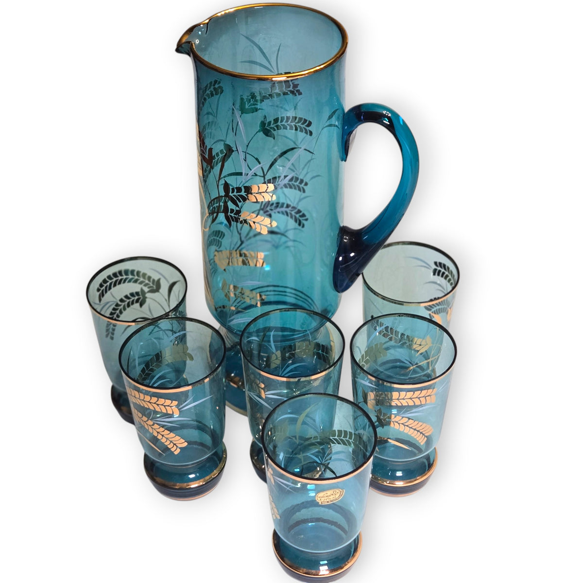 Bohemia Czechoslovakia Blue Glass Water Set - Blue