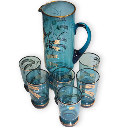 Bohemia Czechoslovakia Blue Glass Water Set - Blue