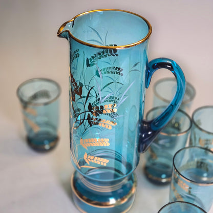 Bohemia Czechoslovakia Blue Glass Water Set - Blue