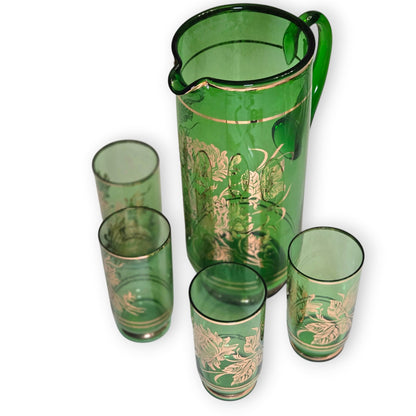 Bohemia Czechoslovakia Green Glass Water Set - Emerald Green