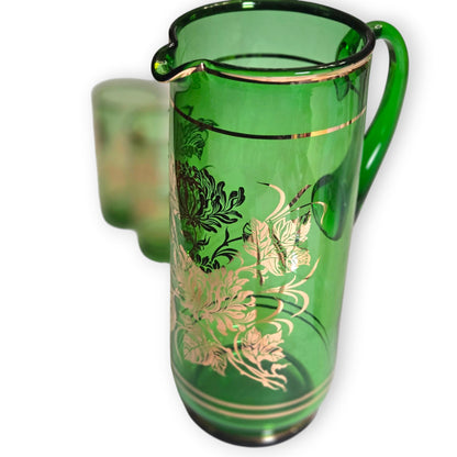 Bohemia Czechoslovakia Green Glass Water Set - Emerald Green