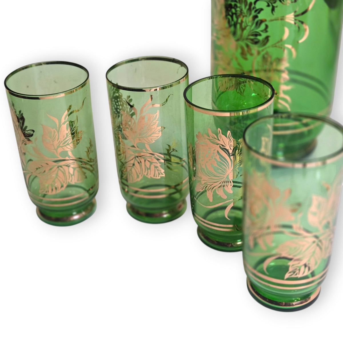 Bohemia Czechoslovakia Green Glass Water Set - Emerald Green