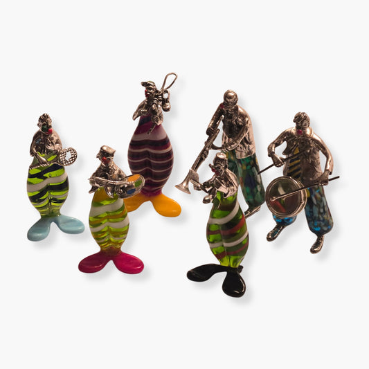 Vittorio Angini Murano Silver and Glass Clown Figurine Set of 6 - Multi-Colour